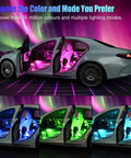 Car interior with RGB Car Interior Lights With App Control And Music Sync USB Under Dash LED Strips glowing in various colors