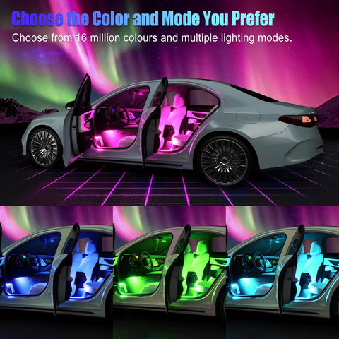 Car interior with RGB Car Interior Lights With App Control And Music Sync USB Under Dash LED Strips glowing in various colors