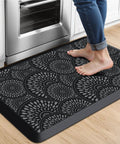 Ergonomic 0.47-Inch Thick Kitchen Mat With Non Slip Waterproof Standing Pad For Home Or Office Comfortable Foam Cushion Large 17.3 By 28 Inch Rug Great For Kitchen Laundry Black showing a person standing on it in a kitchen.