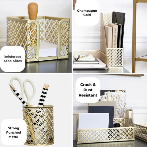 Dope Gold Desk Organizer Set 6 Piece Metal Office Accessories With Mail Sorter Pen Cup Sticky Note Holder Magazine Rack