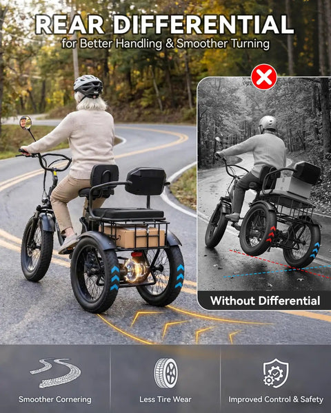 Two Seater Electric Tricycle For Adults With Peak 1500W Power Fat Tire Twenty Inch By Four Inch 48V 18Ah Battery Three Amp Charger Top Speed 15 MPH UL2849 Certified Long Range Up To 65 Miles Front Parking Brake Basket Differential on curved road