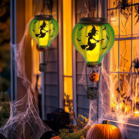 Halloween Outdoor Decoration Hot Air Balloon Solar Lantern With Flickering Flame Hanging Lanterns For A Spooky Witch Vibe
