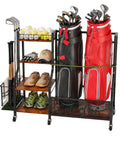 Garage Golf Bag Storage Organizer Holds 2 Full Size Bags With 360 Degree Swivel Wheels Wood Shelves Anti Tip Straps And A Sturdy Steel Frame For Stable Easy Access And Ready Club Organization