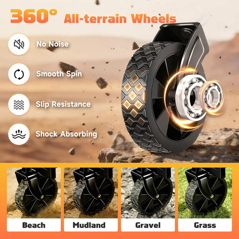 Heavy Duty Workhorse Foldable Wagon Cart with All Terrain Wheels 220 Lb Capacity highlighting wheel features for various surfaces