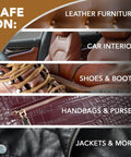 Leather Cleaner And Conditioner That Deep Cleans, Brings Back Soft Supple Leather And Guards Against Cracking And Fading With UV Protection For Cars, Sofas, Shoes, Bags, And All Finished Leather Surfaces shown on furniture, car interiors, shoes, handbags, and jackets.