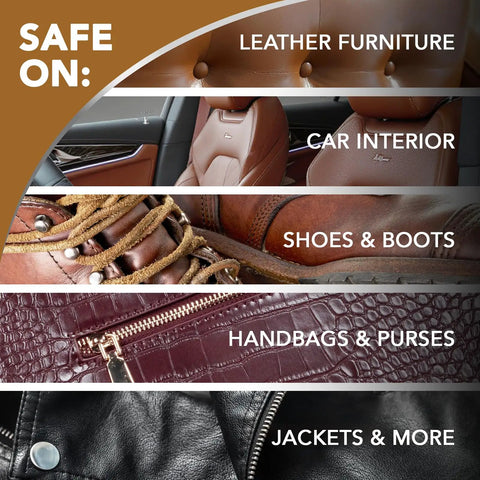Leather Cleaner And Conditioner That Deep Cleans, Brings Back Soft Supple Leather And Guards Against Cracking And Fading With UV Protection For Cars, Sofas, Shoes, Bags, And All Finished Leather Surfaces shown on furniture, car interiors, shoes, handbags, and jackets.