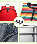 24 Piece Universal Zipper Repair Kit With Four Sizes Double Sided Sliders And Pull Tabs For Backpacks Jackets Coats Tents Luggage And Bags Black Durable Resin Construction shown on backpack, sweater, jeans, and luggage.
