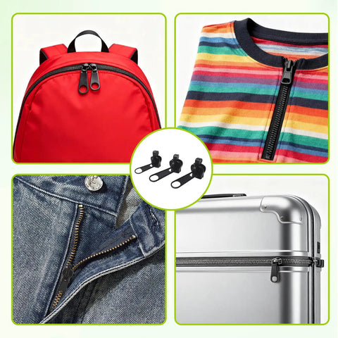 24 Piece Universal Zipper Repair Kit With Four Sizes Double Sided Sliders And Pull Tabs For Backpacks Jackets Coats Tents Luggage And Bags Black Durable Resin Construction shown on backpack, sweater, jeans, and luggage.
