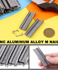 Heavy Duty Hog Ring Pliers Kit With 1200 Galvanized M Clips Pro Grade Manganese Steel Hand Tool with aluminum M nails displayed.