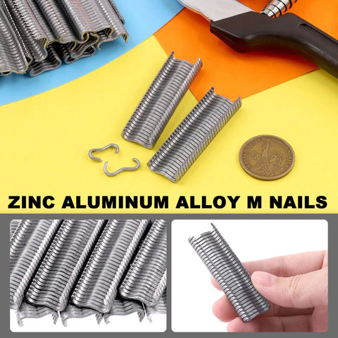 Heavy Duty Hog Ring Pliers Kit With 1200 Galvanized M Clips Pro Grade Manganese Steel Hand Tool with aluminum M nails displayed.