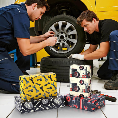 Mechanic Themed Wrapping Paper Pack With 12 Sheets In 3 Designs Featuring Wrench, Screw, And Tire Auto Parts Graphics 20x28 in
