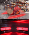 Heavy Duty Forklift Red Zone Laser Safety Projector With Led Warning Line Beam For Warehouse Pedestrian Protection And Osha Compliance, displaying red safety lines in a warehouse setting.