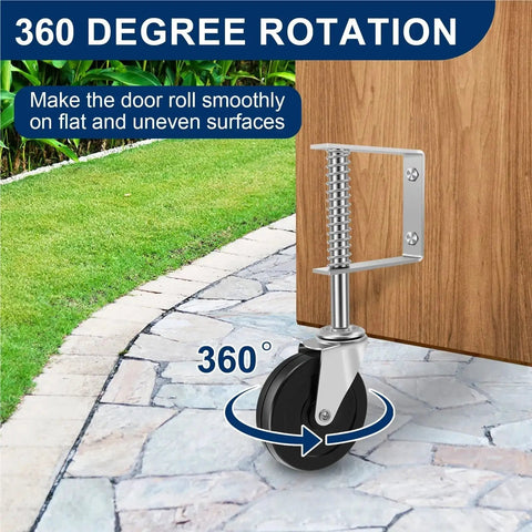 2 Pack Rock Solid Spring Loaded Gate Wheels Featuring 360 Degree Swivel Roll And No Sweat Height Adjustments For Smooth Outdoor Wooden Sliding Fence Tracks with spring and 360 degree rotation on stone pathway.