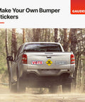 Pickup truck with vote and bumper stickers, driving on forest road, promoting DIY bumper sticker creation by Gauder.
