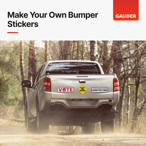 Pickup truck with vote and bumper stickers, driving on forest road, promoting DIY bumper sticker creation by Gauder.
