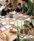 Back To School Must Have 16 Piece Composition Notebook Set With Sticky Notes And Ballpoint Pens used by students in classroom.