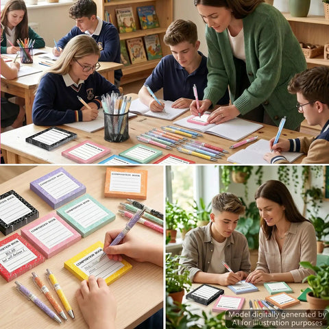 Back To School Must Have 16 Piece Composition Notebook Set With Sticky Notes And Ballpoint Pens used by students in classroom.