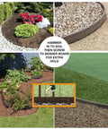 Collage of Heavy Duty Brown Landscape Border Edging Stakes 20 Pack for Lawn and Garden Easy Install shows various garden setups.
