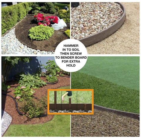 Collage of Heavy Duty Brown Landscape Border Edging Stakes 20 Pack for Lawn and Garden Easy Install shows various garden setups.