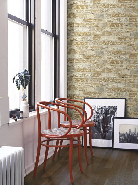 Interior with red chairs and Red Stuccoed Brick Peel And Stick Wallpaper Roll For Quick And Easy Accent Wall Removable No Mess Repositionable Washable And Strippable Thick Durable Vinyl No Residue Left Behind.