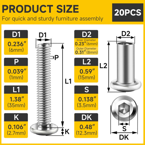 Product size details for M6 X 35mm Flat Head Hex Socket Cap Screws And Barrel Nuts Kit For Furniture Assembly, 10 Sets