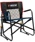 Freestyle XL Rocker Camping Chair With Durable Armrests And Drink Holder Portable Folding Outdoor Seat For Big And Tall Folks Black 400 Lb Capacity Sturdy Steel Frame And Cup Holder For Hydration On The Go displayed with racing design and checkered pattern