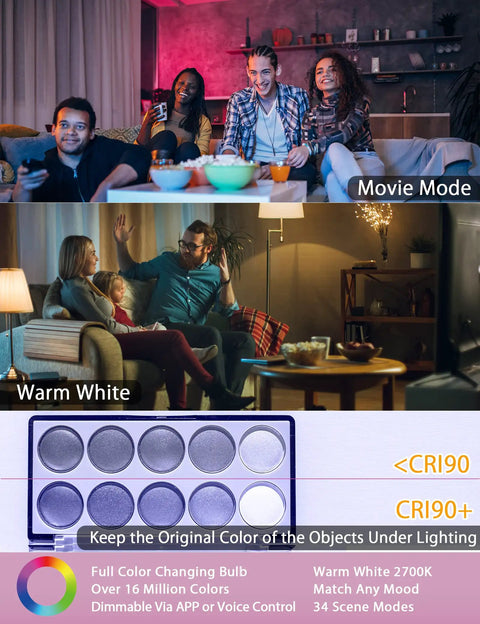 Four Pack A19 Color Changing Smart Bulbs 800 Lumens, movie and warm white modes, no hub, works with Alexa and Google Home