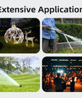 Joinfworld outdoor weatherproof electrical box collage: garden lights, hose watering, lawn sprinklers, nighttime crowd.