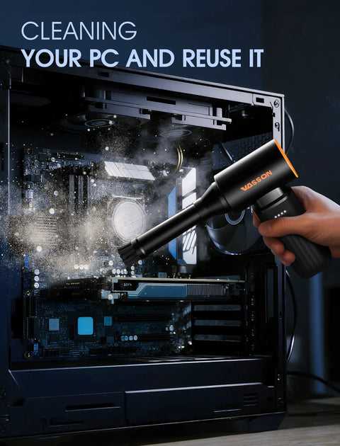 Cleaning a PC with Powerful Cordless Air Duster With Brushless Motor 260000 RPM 3 Speed Adjustable Rechargeable Dust Cleaner