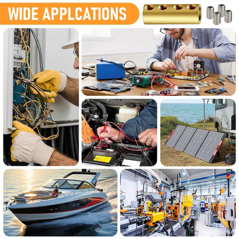 Wide applications of Five Piece Four Hole 6 AWG 80A Brass Wire Splice Connectors Kit for automotive and home electrical projects