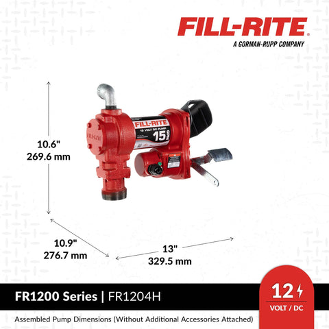 12V FR1204H Fuel Transfer Pump 15 GPM Pump Only Model Built Tough Cast Iron Construction with measurement details