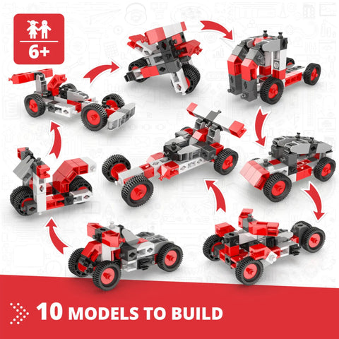 Creative Builder STEM Kit With 51 Precision Pieces To Build 10 Vehicle Models Easy Snap Fit Construction Toys For Kids 6 Plus Hands On Engineering Fun For Boys And Girls showing various model designs