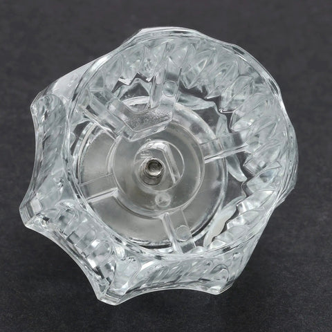 Top view of a clear acrylic hot and cold faucet handle for Delta faucets, one and five eighths inch height, replacement knob, DIY friendly.