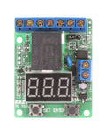Voltage Relay Module With Upper And Lower Limit Detection, On Off Control, Over Voltage Protection, Battery Charge And Discharge Timing, 0-99.9V Display, Works With DC 12V And 24V Systems For Auto, Marine, And Solar Projects. Front view of PCB with 3-digit display and screw terminals.