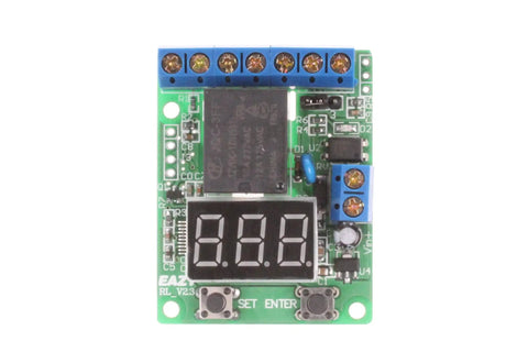 Voltage Relay Module With Upper And Lower Limit Detection, On Off Control, Over Voltage Protection, Battery Charge And Discharge Timing, 0-99.9V Display, Works With DC 12V And 24V Systems For Auto, Marine, And Solar Projects. Front view of PCB with 3-digit display and screw terminals.