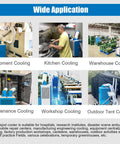 Heavy Duty Industrial Portable Spot Cooler Kickin Cold Turbo Double Fan Air Conditioner in kitchen and warehouse settings.