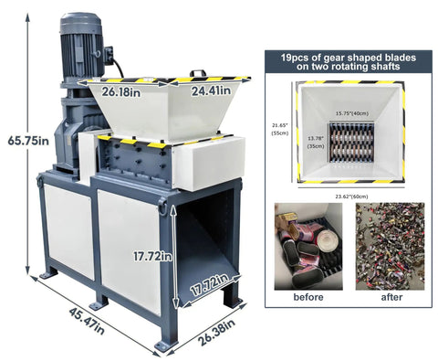 Beast Of A Heavy Duty Metal Shredder Machine Dual Shaft Crusher with 19 Blade Gear System, dimensions, and before-after shredding results