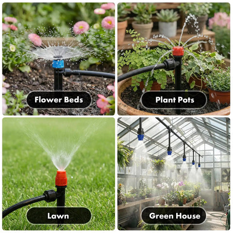 Plug And Play Drip Irrigation Kit With 230 Feet Of Quick Connect Tubing For Lawn Raised Bed And Greenhouse spraying water
