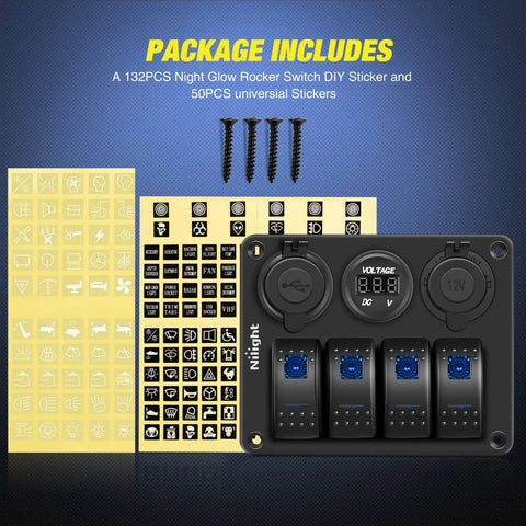 Four Gang Rocker Switch Panel Waterproof Aluminum with stickers, USB ports, voltmeter, and lighter socket for cars and trucks.