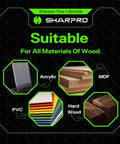 Router bits banner by Sharpro; shows four material icons: acrylic, MDF, PVC, and hard wood.