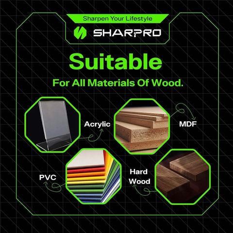 Router bits banner by Sharpro; shows four material icons: acrylic, MDF, PVC, and hard wood.