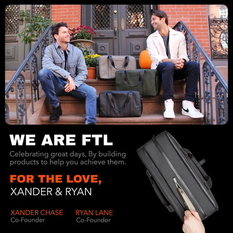 Two men sit on steps behind three 30L Hybrid Weekender Duffel With Garment Bag Shoe Compartment And 18 Inch Laptop Sleeve bags.