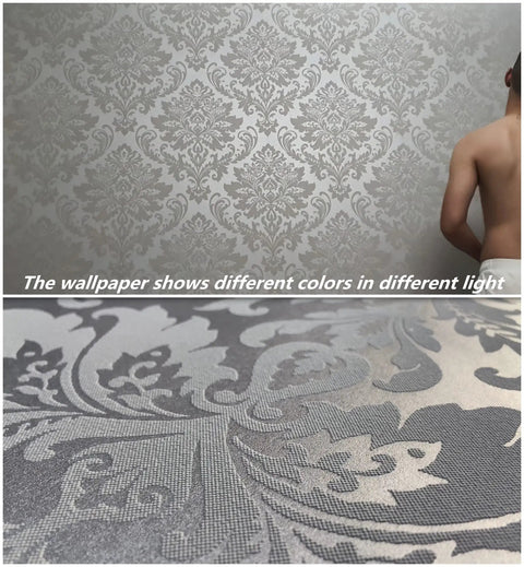 Peel And Stick 3D Gray Floral Damask Wallpaper For Bedroom Removable Embossed Self Adhesive Wall Covering Easy To Install Sticky Peelable Wallpaper Roll 20.8 Inch By 118 Inch Modern Chic Home Decor showing embossed detail and color variation.