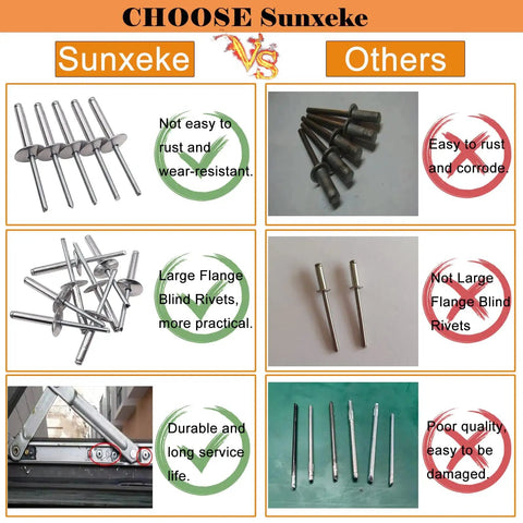 Comparison chart showing aluminum large flange blind rivets kit vs regular rivets; highlights advantages like rust resistance and durability.