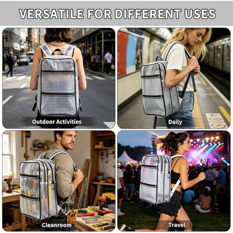 Badass Clear Pvc Engineer Tool Backpack Featuring Quick Access Grid Pockets Anti Static Waterproof Construction in outdoor and travel use.