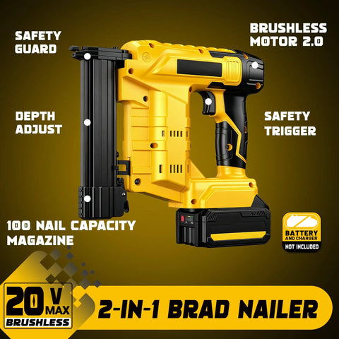 Zero Sweat 2 In 1 Cordless Brad Nailer Compatible With 20V Lithium Ion Batteries featuring safety guard and depth adjust.