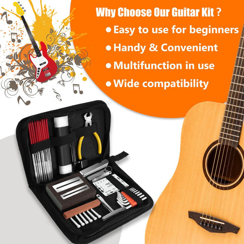 Guitar Tool Kit 45 Pcs Pro Setup Gear For Quick String Changes Action And Intonation, Cleaning And Repairs displayed with guitar
