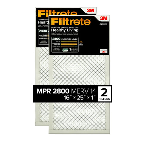 HVAC Air Filter 16x25x1 MERV 14 MPR 2800 Pleated 3 Month Filter Pack of 2 White Ultrafine Particle Reduction