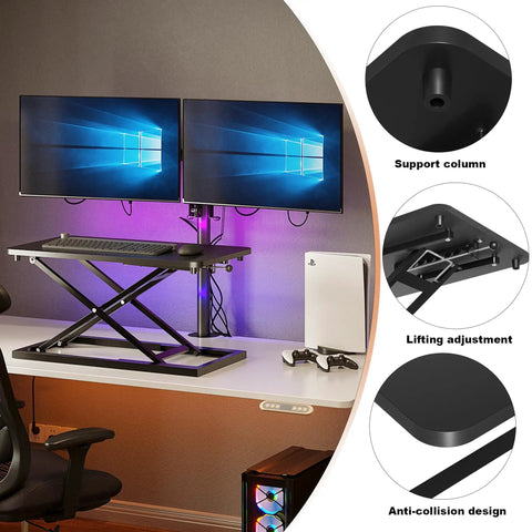 24 Inch Scissor Lift Keyboard And Mouse Riser For Standing Desk Converter with dual monitors and gaming gear setup
