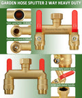 Beefy 2 Way Hose Splitter With Full Flow Design, Long Metal Handles, Brass Rust and Freeze Resistant, Garden Water Splitter T Adapter Three Quarter Inch GHT Thread, Red, brass 2-way splitter